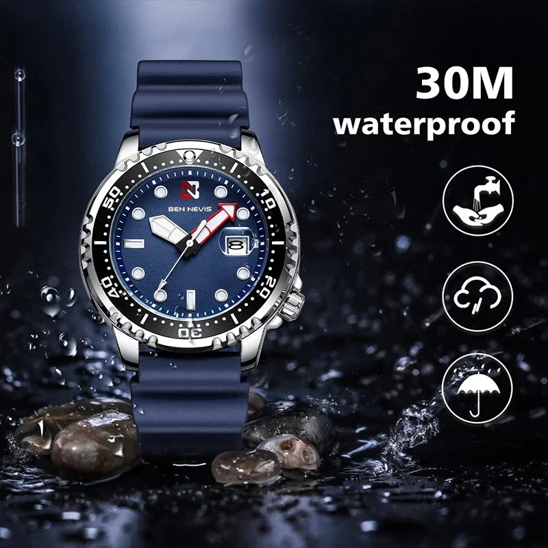 44mm Sports Quartz Wristwatch install Quartz Movement Luxury Silicone Strap Diving Water Ghost Style Men Watch