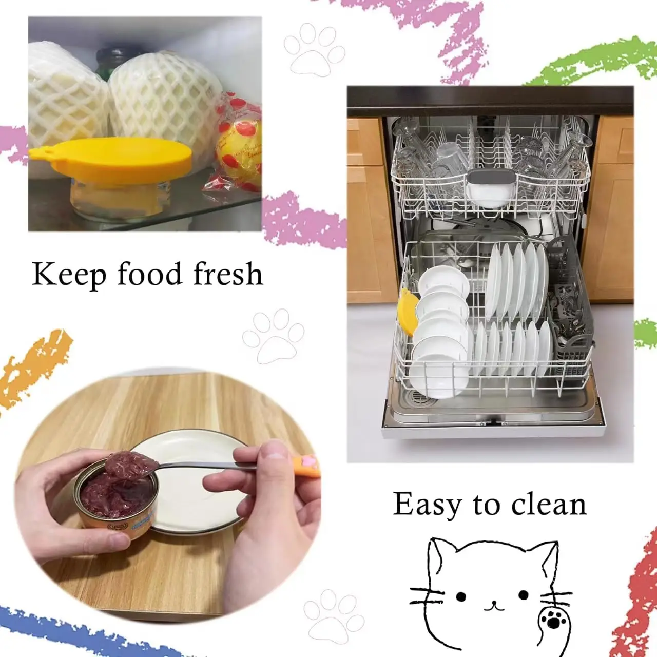 2 Can Lids& 1 Cat Food Can Spoons , Multi-function Can Opener ,Silicone Pet Food Can Covers, Cute Paw Shape Wet Food Spoon 4
