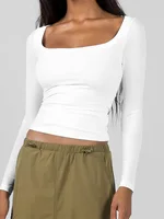 Femmes à manches longues col carré T-Shirts hauts couleur unie rue décontracté automne printemps T-Shirt pour les femmes 2024 nouveau 1