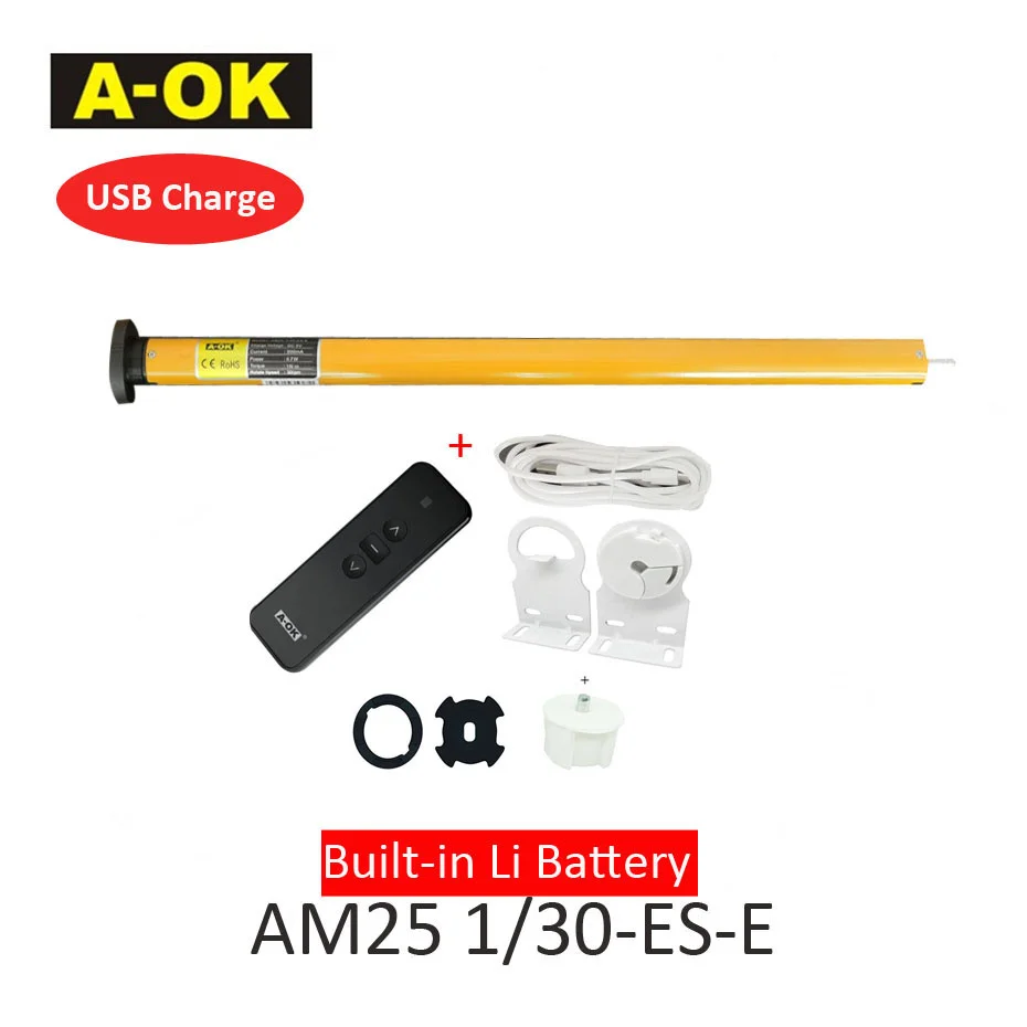 Motor Tubular enrollable A-OK AM25 1/30, mando a distancia RF433, batería integrada, para cortina enrollable/Romana/persianas solares, tubo de 38mm, USB