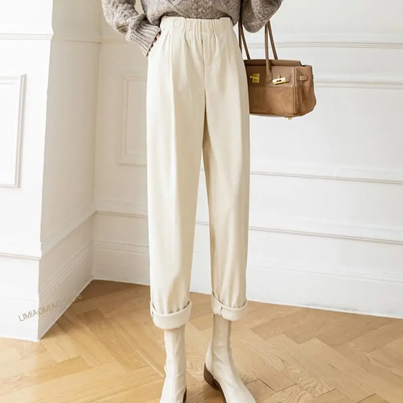 2022 Rimocy Autumn Casual Corduroy Women's Pants Winter High Waisted Loose Trousers Female Solid Wide Leg Streetwear Pants Woman