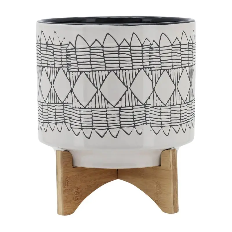 

Gray Geometric Ceramic Planter on Wooden Stand, 11"x10"