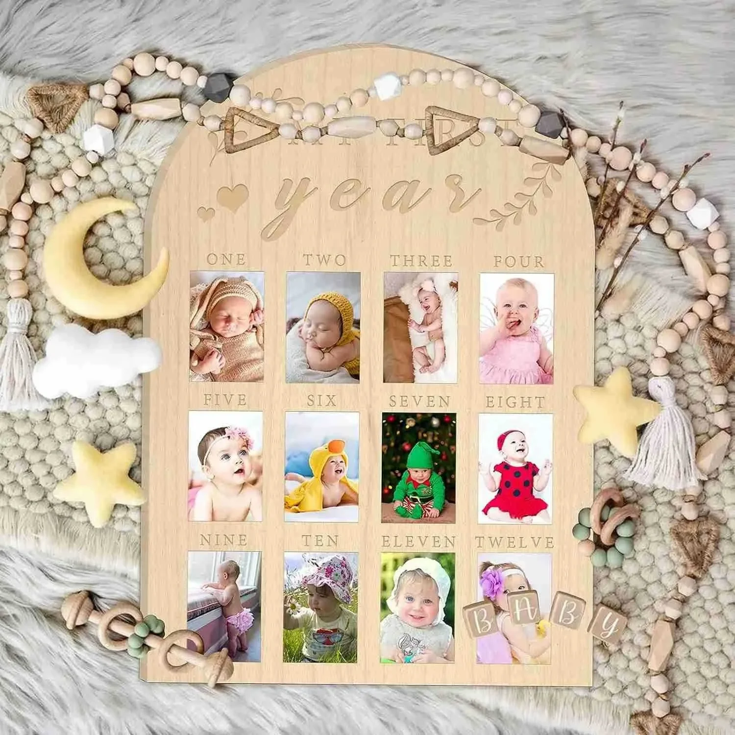 One Year Birthday Wooden Photo Board My First Year Milestone PhotoBoard 12 Monthly Picture Frame Baby First Wood Sign