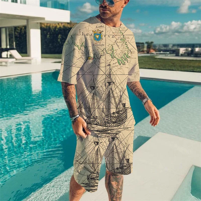 ハンサム度アップ【Stone 】マリーナスウェットシャツ Vintage Wave Print T-shirt Set Summer Men's Beach Breathable