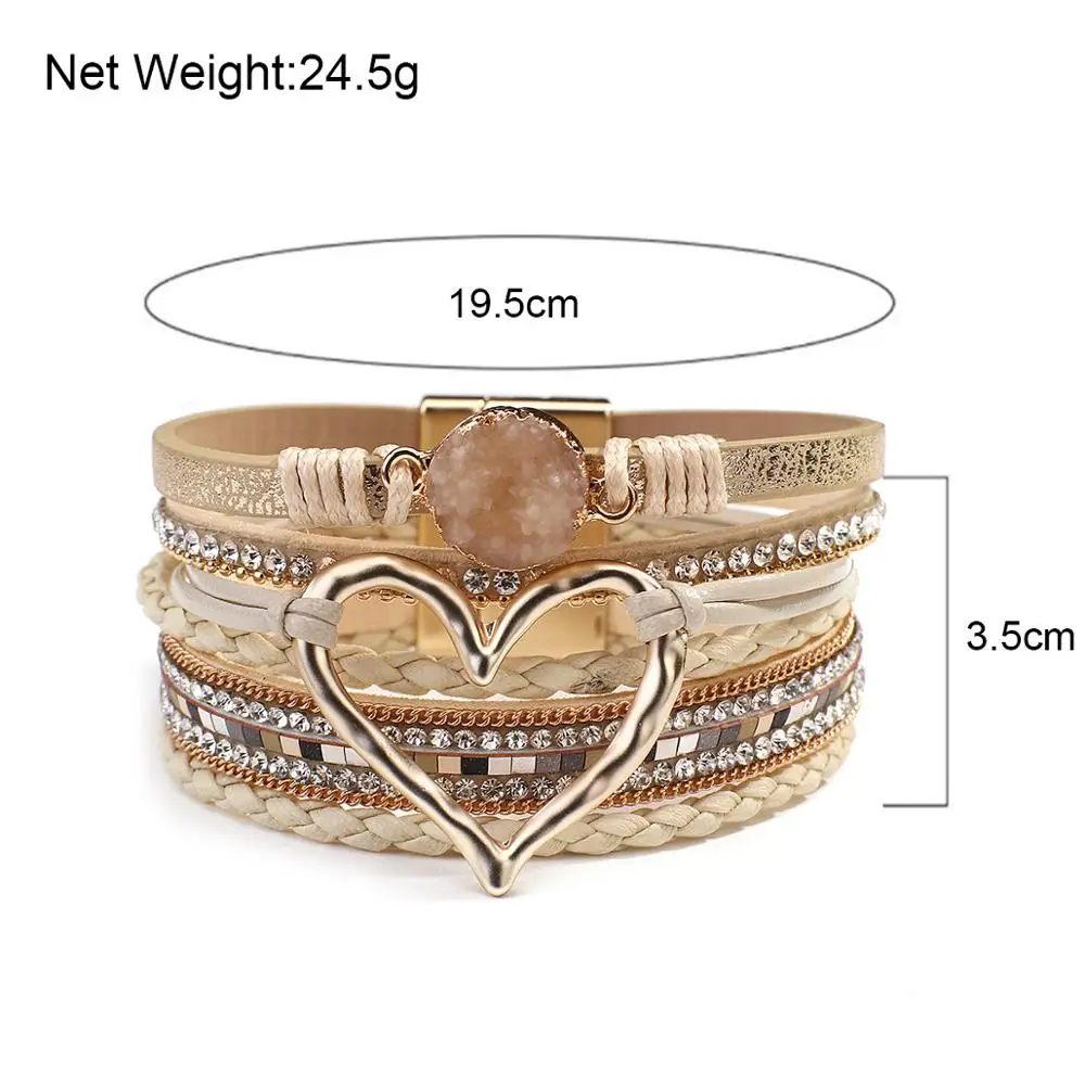 Amorcome Fashion Braided Leather Wrap Bracelets Bangles Multilayer Resin Stone Hollow Heart Charm Bracelets Women Gift Pulseira bracelet jewelry