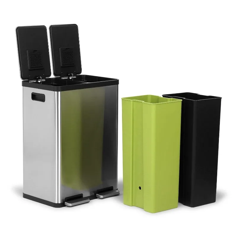 SIMPLI-MAGIC 60 Liter / 16 Gallon Rectangular Hands-Free Dual Compartment Recycling Kitchen Step Trash Can with Soft-Close Lid 3