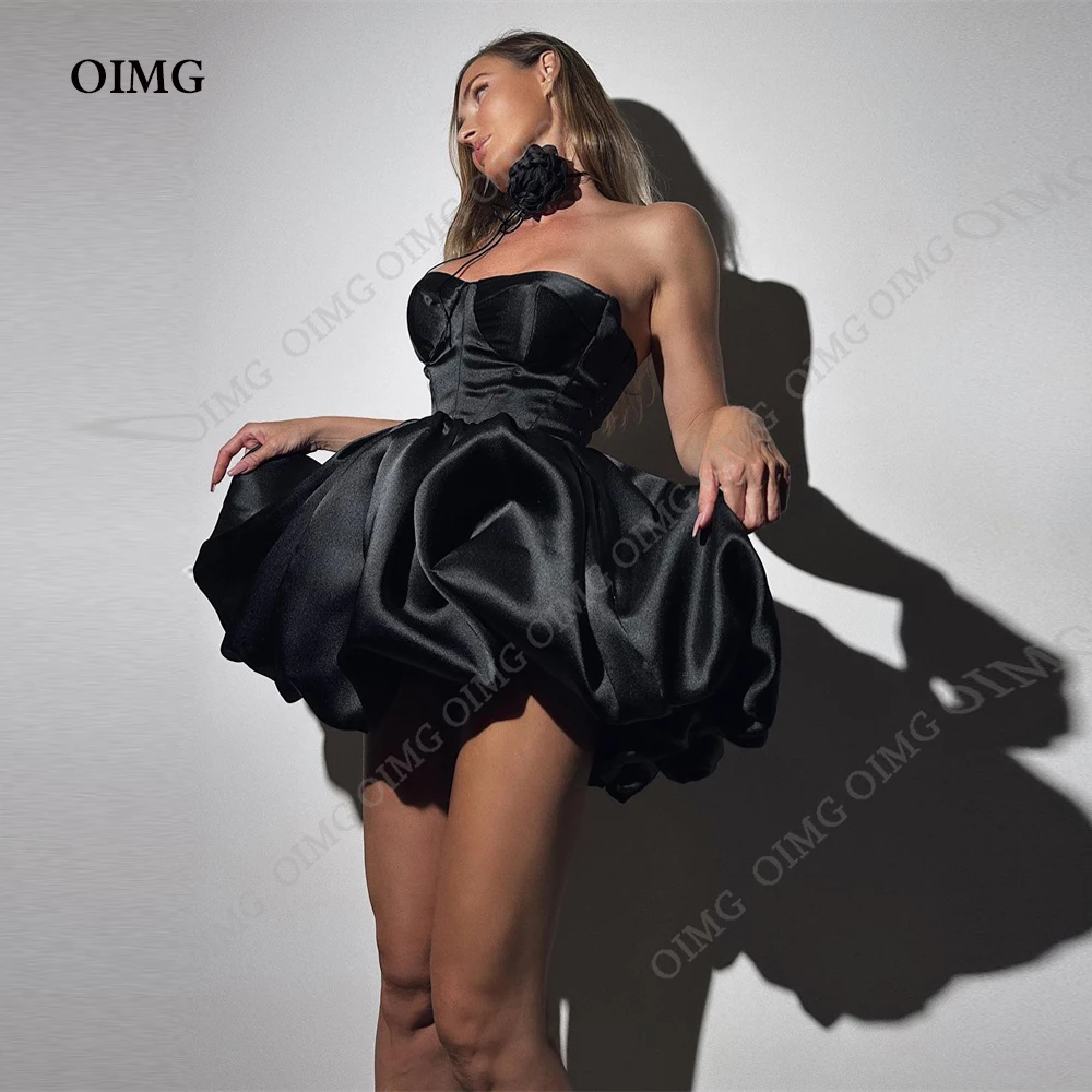 Sansa Black Short Satin Prom Dress Strapless Diamond Evening Dresses Elegant Tassel Sexy Side High Split Formal Evening