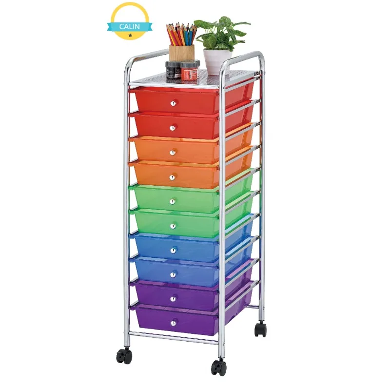 

10- Rainbow Color Plastic Drawer Metal Craft Storage Rolling Cart W/ 2 Locking And 2 Regular Wheels.