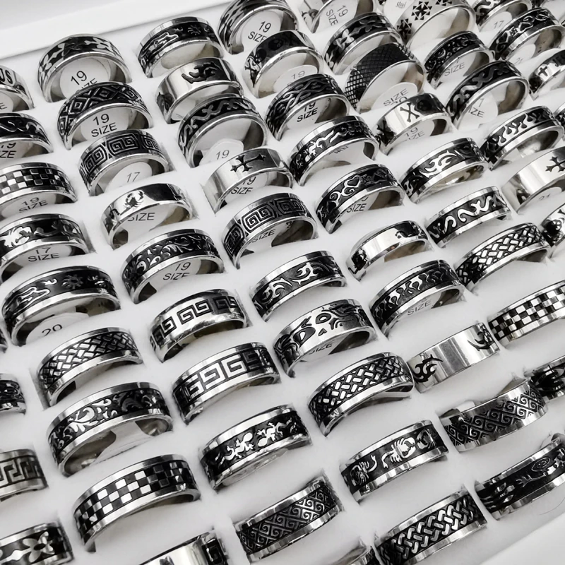 

Vintage 50 Pieces/lot Stainless Steel Rings For Men and Women Mix Pattern Fashion Black Bulk Punk Rings WholeSale