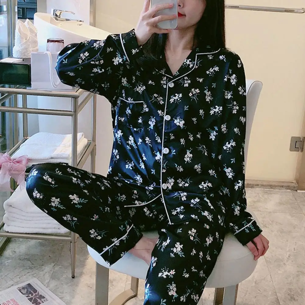 

2 Pcs/Set Women Spring Summer Pajama Set Floral Print Silky Lapel Long Sleeve Loose Single-breasted Wide Leg Shirt Pants Set