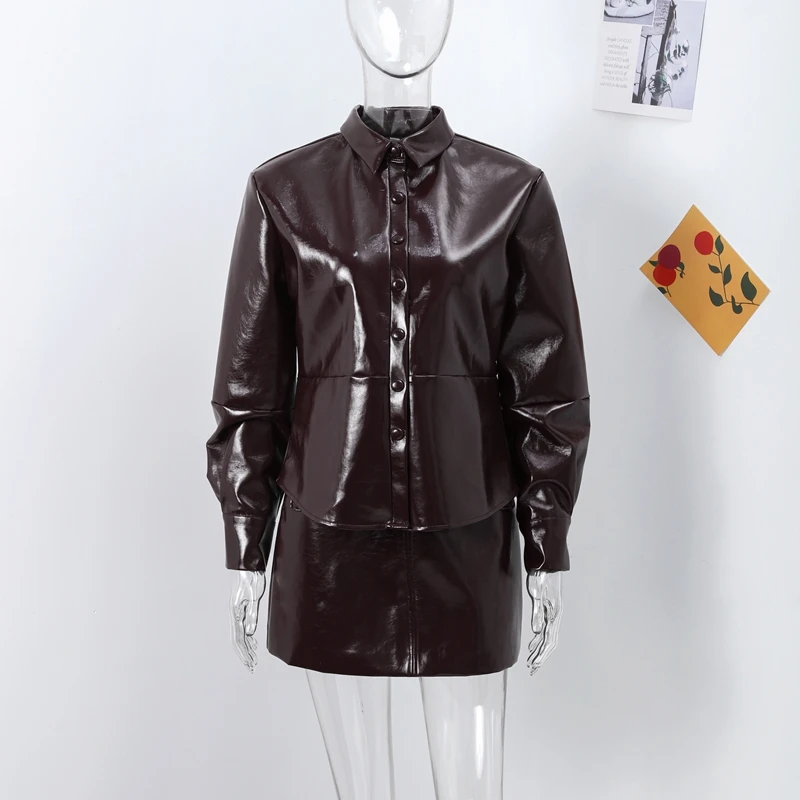 Casual Leather Jacket Skirt Set for Women 2 Pieces Lapel Single Breasted Top Mini Skirts Autumn Lady Y2k All-matching Outfits