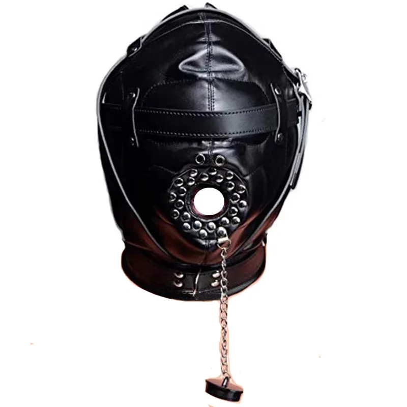 Leather Padded Hood Blindfold And Head Harness Gag Set_voghion.com
