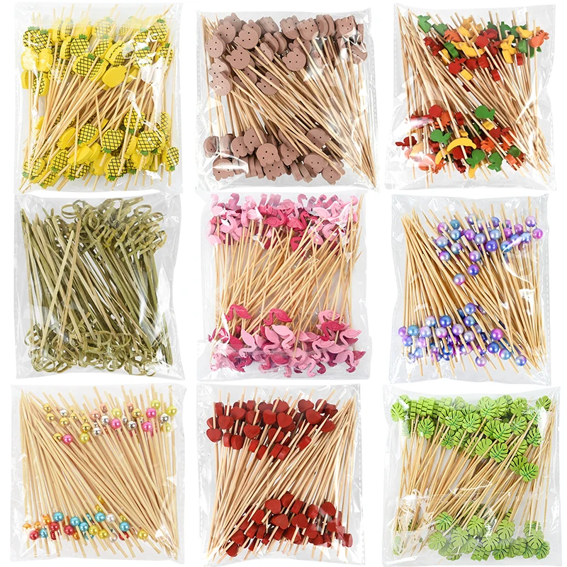 Bamboo Sticks 100Pcs Disposable Hawaiian Flamingo Pearl Cocktail Picks Food Fruit Forks Wedding Birthday Party Decor