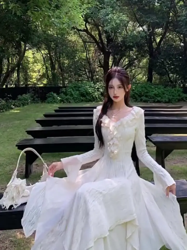 MAGOGO Elegant Solid Irregular Ruffles Fairy Dresses Women Korean Slim  Wasit A Line Midi Dress Spring Autumn Princess Vestidos - AliExpress  200000345