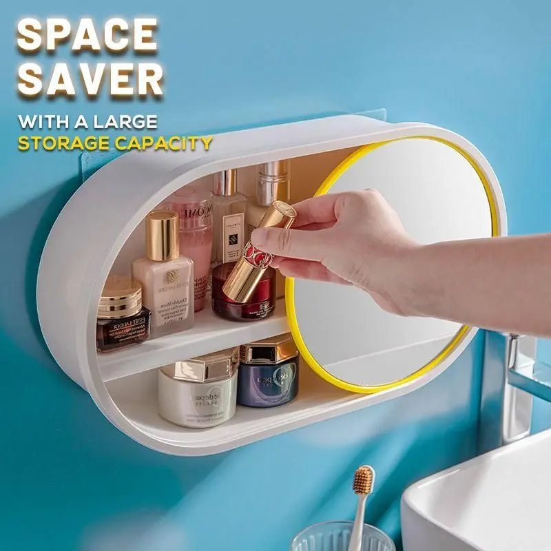 Waterproof Cosmetic Storage Box Wall-mounted Bathroom Beauty Makeup Organizer with Mirror Traceless skincare organizer |