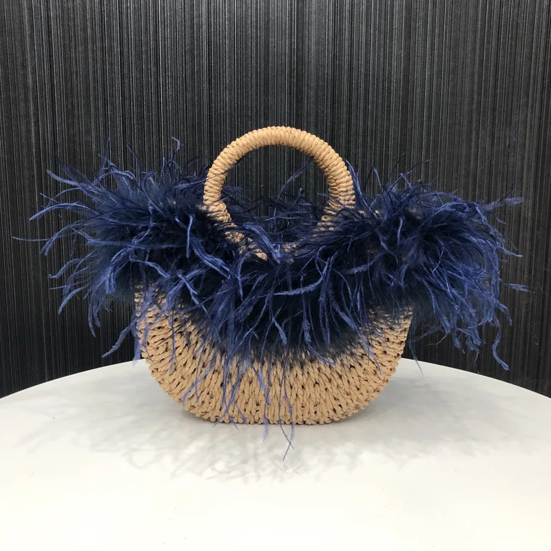 Damen-Tasche aus Straußenfedern, Strohgewebte Handtasche, Sommer-gewebte Tasche, Handtasche, Straddle-Mode-Geldbörse, handgefertigt – Detail 7