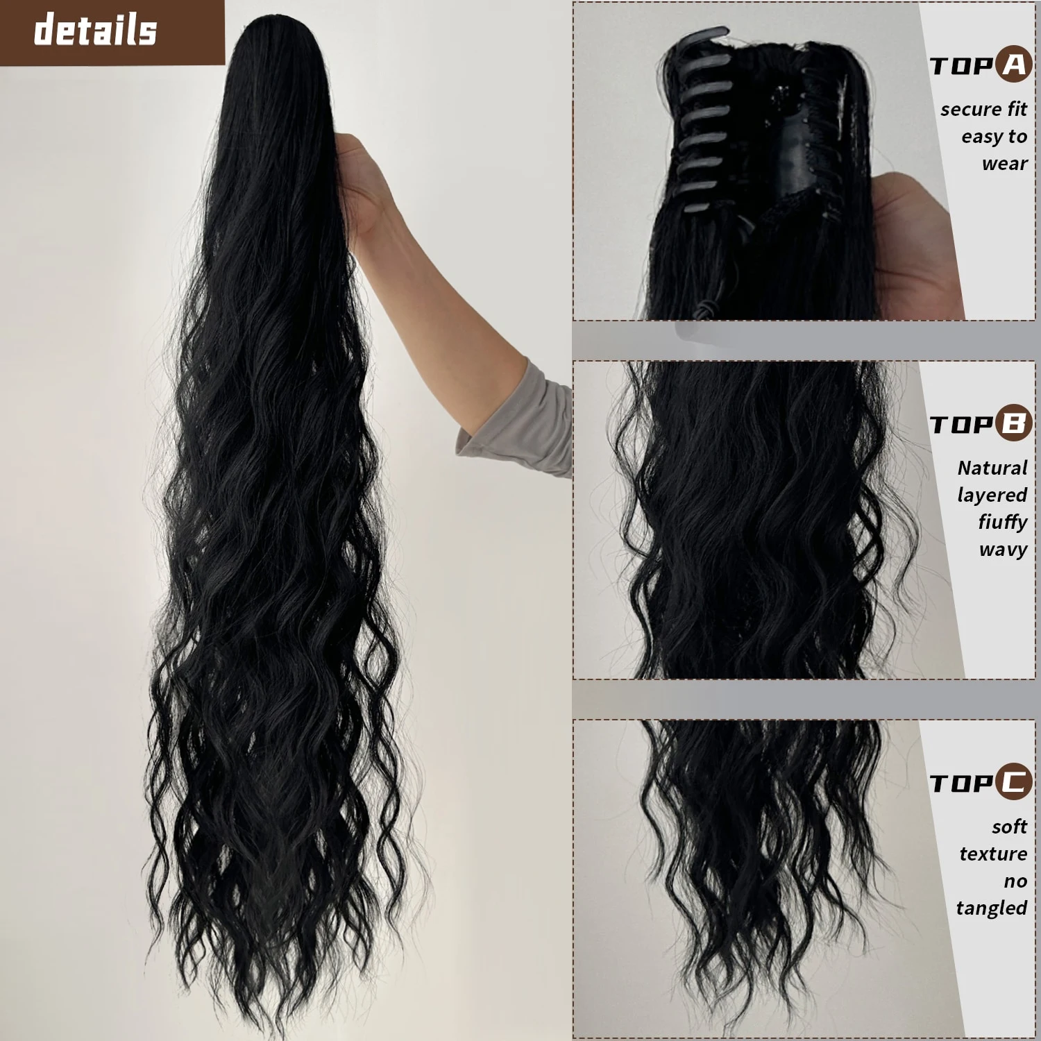 32”Synthetic Claw Ponytail Extension Straight Hair Water Wave Clip Hair Extensions Soft Natural Multi-Color Optio