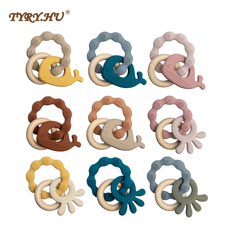 

1pc Baby Silicone Teether Bracelet BPA Free Cute Animal Silicone Pendant Wood Ring Teething Rattle for Baby Accessories Toys