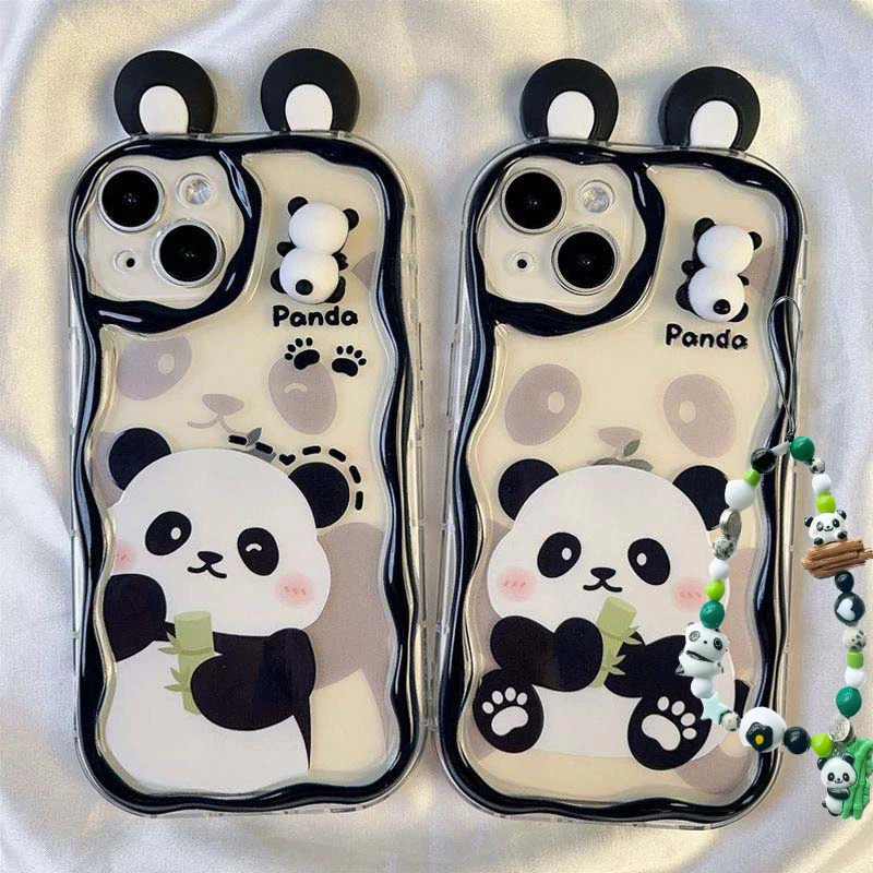 Funda con cadena de dibujos animados de Panda para Samsung Galaxy S25 S24 Ultra S22 S21 Plus S20 S23 FE A55 A35 A54 A24 A14 A06 A25 A15 A16 A32 A52