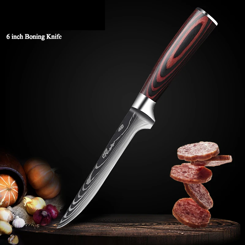 Chef Knife Set 7CR17MOV Stainless Steel Laser Damascus Pattern Japanese Kitchen Cleaver Utility Slicing Santoku Knife with Cover 