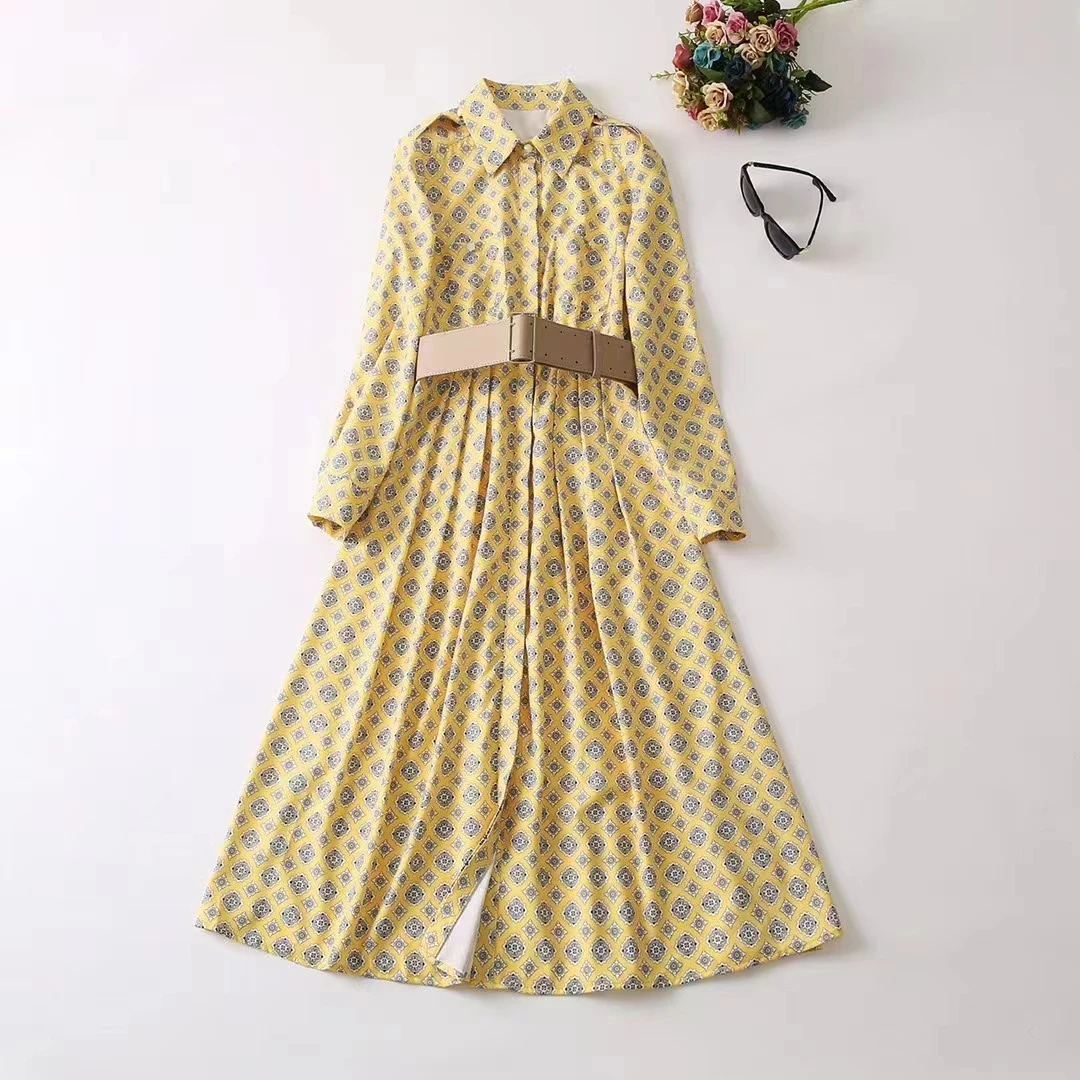 

New European and American women's wear for winter 2022 Long sleeve lapel with yellow print Fashion single breasted belt dress
