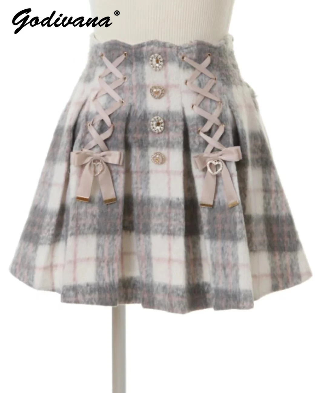 

Japanese Style Liz 2023 Winter Mine Series Mass Production Ribbon Woolen Pleats Plaid Skirt Girls Sweet Short Skirts