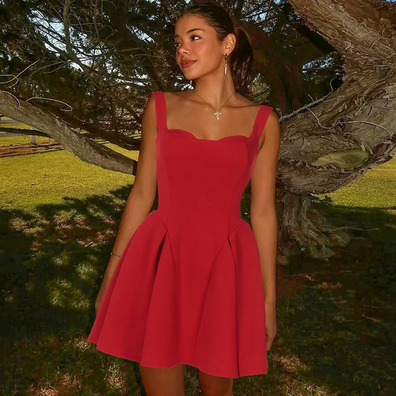 2025 New Party Spaghetti Strap Dress Women's Fashion Backless Sexy Mini Dress Plunge Elegant Folds Suspender Dress Female