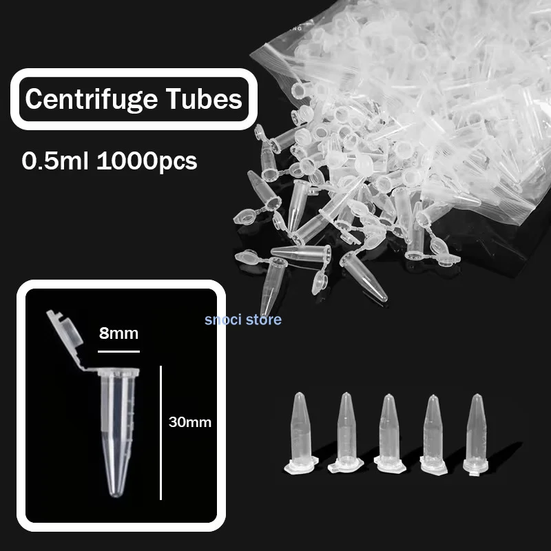 Plastic Test Tubes Centrifuge Tube 0.5ml Pieces of Transparent Mini Plastic Test Tube Centrifuge Tube Container Science Laboratory Test Accessories 1000Pcs