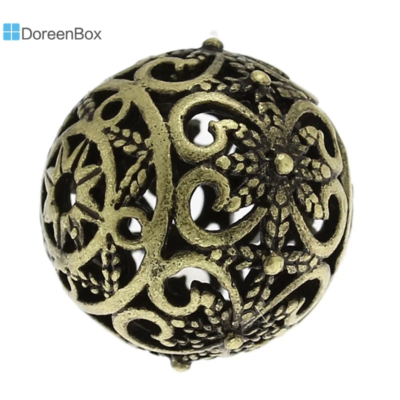 Spacer Beads Doreen Box Copper Round Antique Bronze Flower Pattern Hollow 17mm x 16mm For DIY Jewelry Making Hole:2mm 5PCs