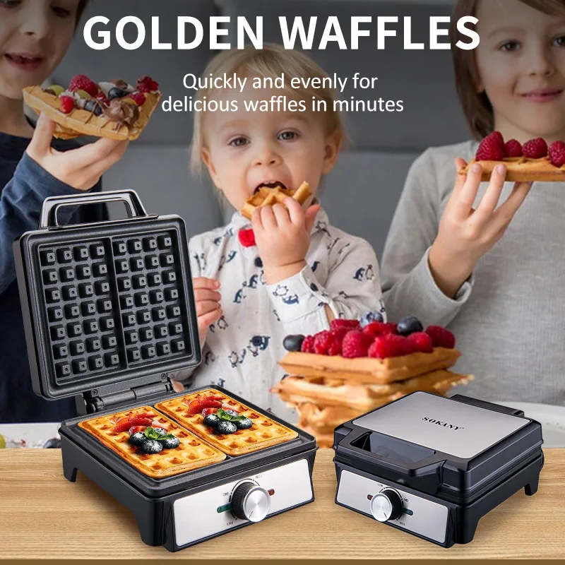 Waffles Maker 2 Slices Adjustable Temperature Electric Breakfast Belgian Waffle Machine Non-Stick Egg Cake Iron Plates 1600W 5