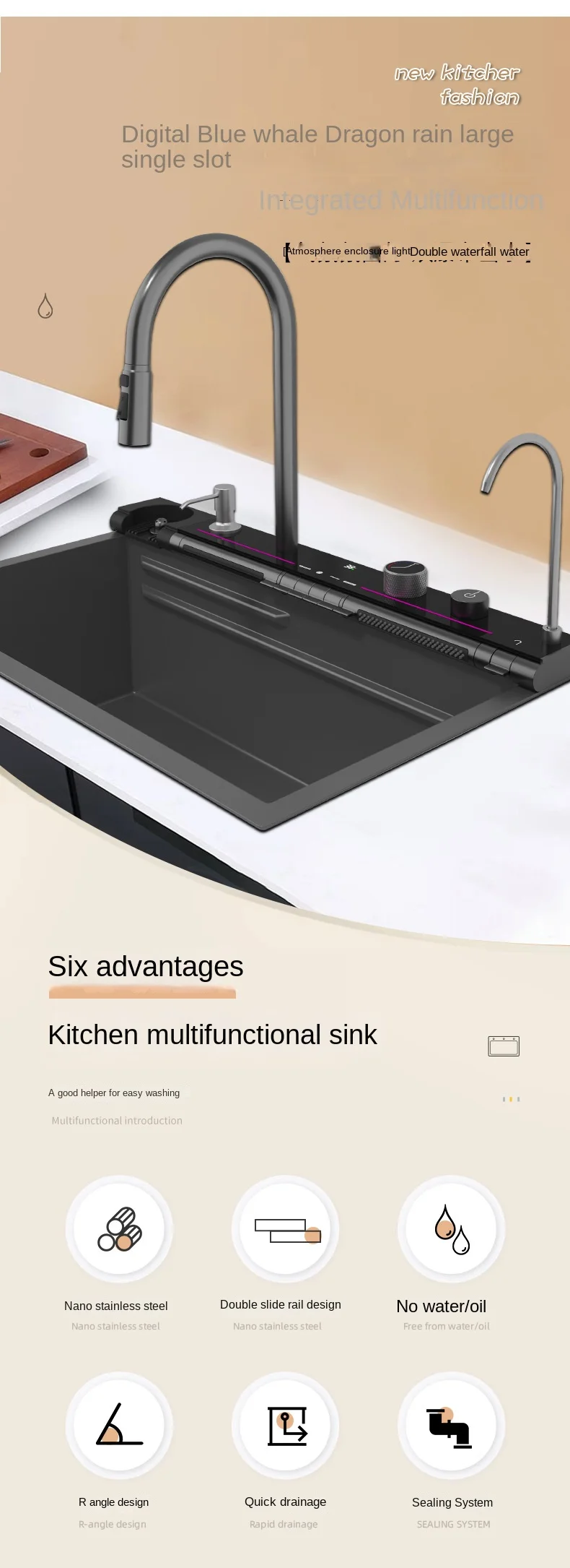 304 stainless Steel Waterfall Kitchen Sink LED Digital Display Large Single Slot Multifunctional Sink 4