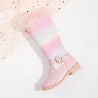 2023 New Autumn Winter Girls Rainbow Princess Fashion Children Pink Boots Knee Length Boots Plush Fur Girls Shoes 5