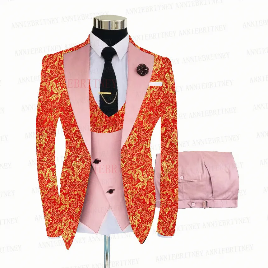 Red Floral Printed Suit Men 3 Pieces Gold Groom Wedding Suit Tuxedo Slim Fit Shiny Blazer Double Breasted Vest Pants Set