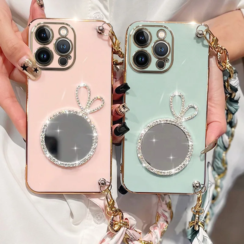 Söt Kaninspegel Silk Lanyard Armbandsfodral För Samsung Galaxy A34 A54 A53 A32 A33 A13 4G 5G A25 A31 A21S A14 A12_voghion.com