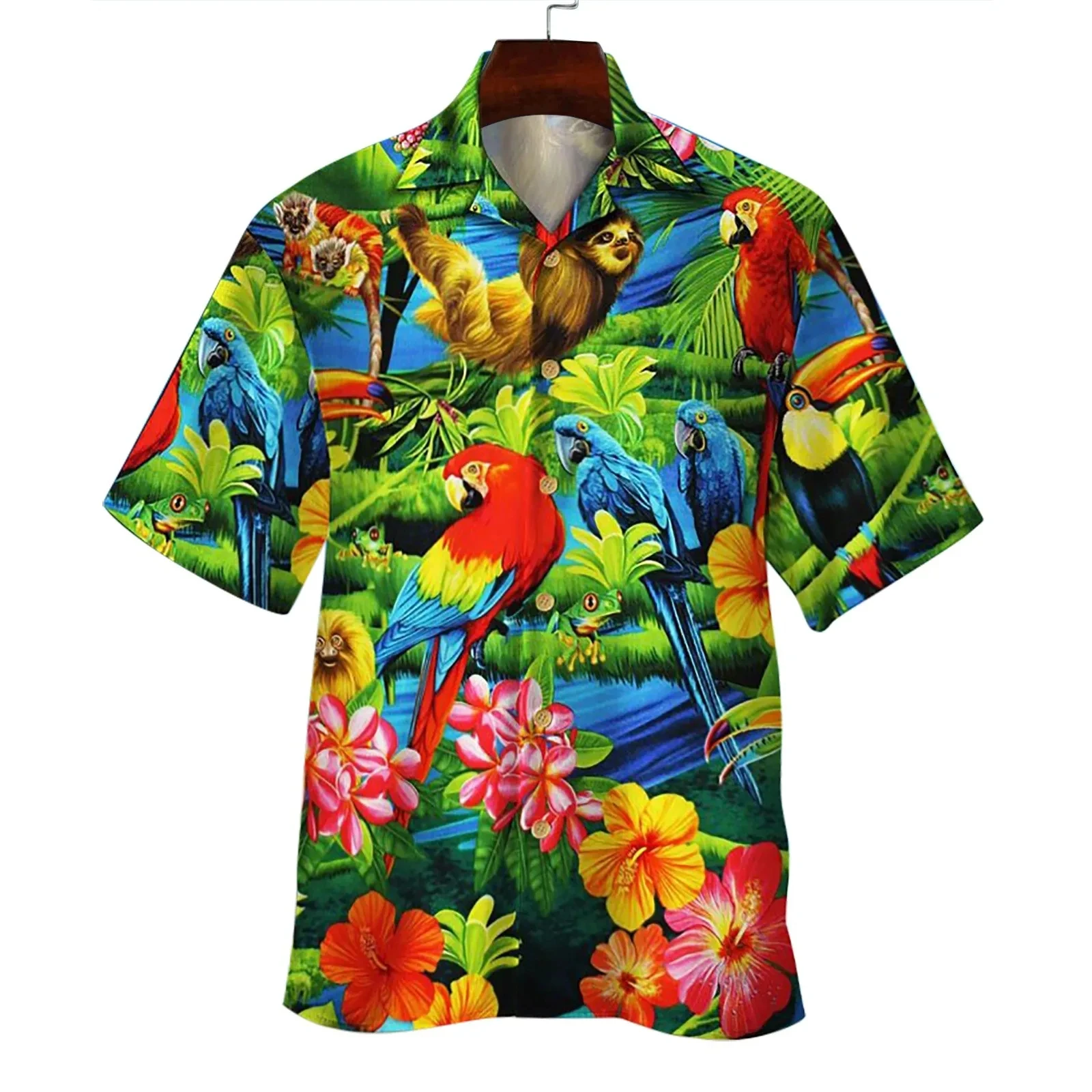 New Men Floral Parrot Street Fashion Summer Daily Shirt Hawaiian Print Casual Loose Shirts Short Sleeve Beach Loose Tops