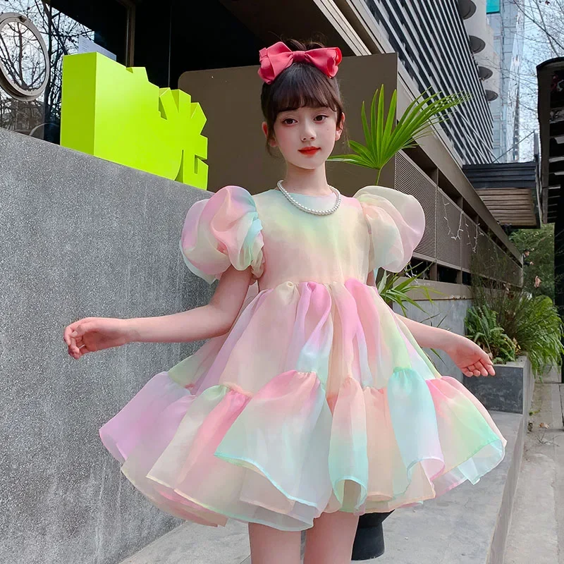 

2024 Summer Baby Dresses Girl's Rainbow Yarn Dress Puff Sleeve Bow Tutus Birthday Ball Gown Mini Party Princess Child clothing