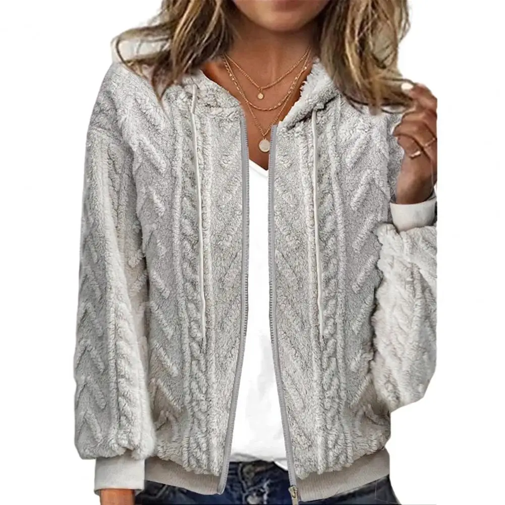 

Jacquard Cardigan Coat Cozy Hooded Winter Jacket for Women Warm Plush Coat with Zipper Closure Elastic Cuffs Details Plush