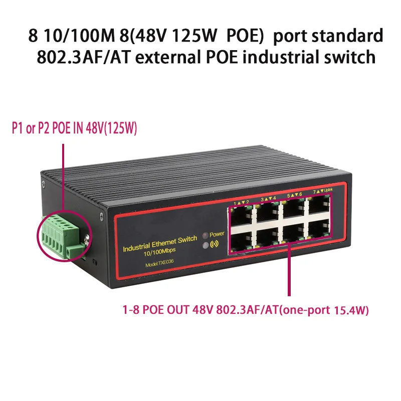 표준 프로토콜 802.3AF/AT 48 OUT/48V POE 스위치, 8 포트 산업용..