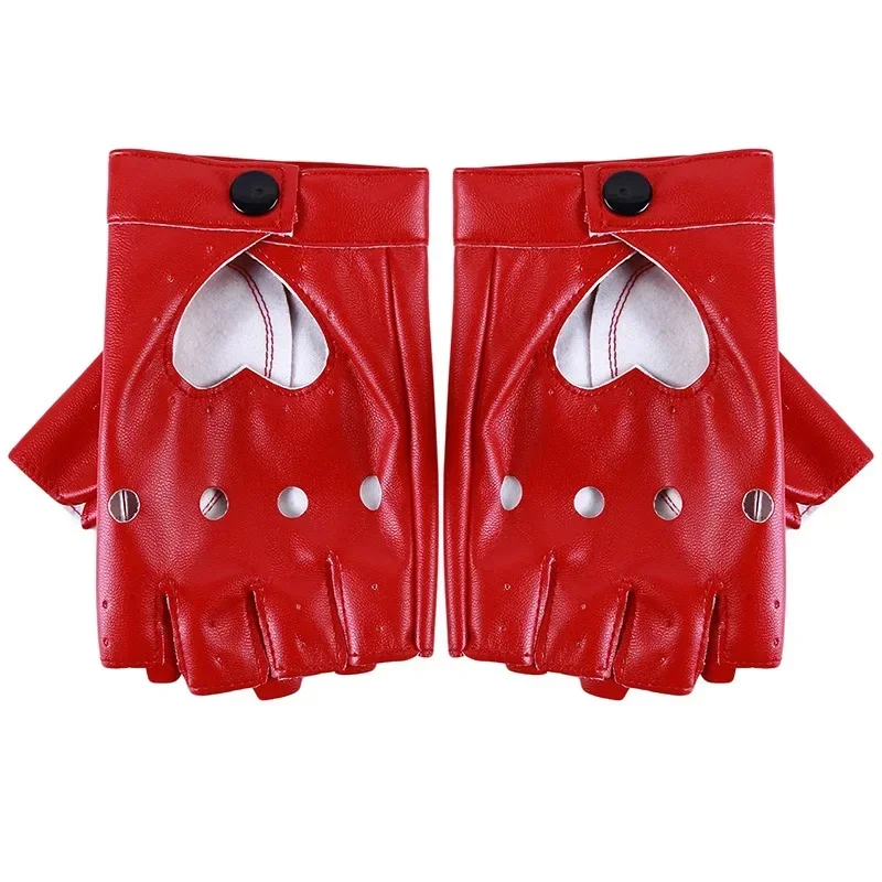Women Fashion PU Leather Black Half Finger Gloves Cool Heart Hollow Fingerless Boy Dance