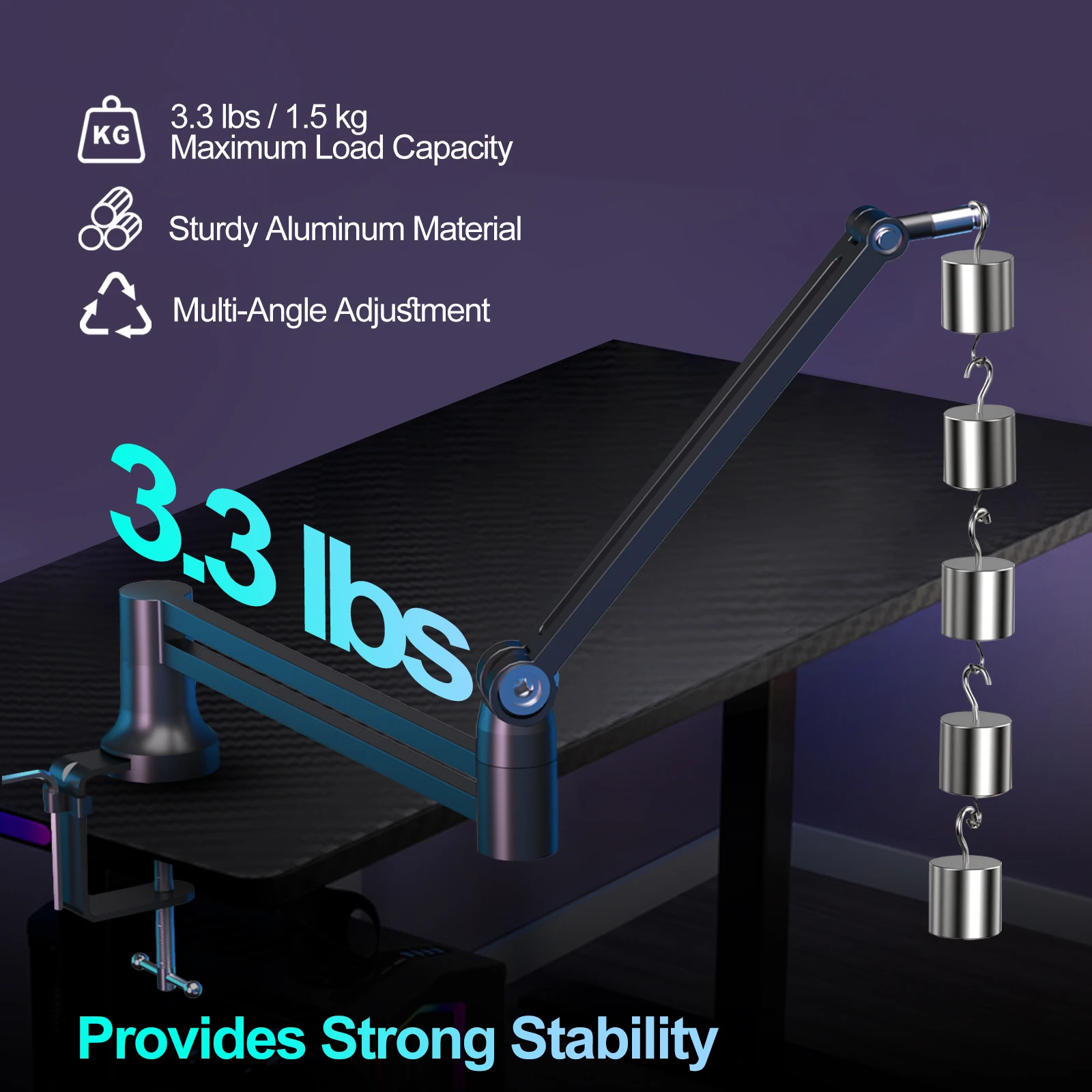 Boom Arm 360&deg; Rotatable Low Profile Microphone Stand 4-Use Foldable Mic Arm Holds Up to 1.5kg with 3/8'' to 5/8'' Screw Adapt