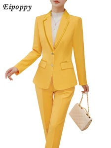 Fashion Ladies Pant Suit Women Yellow Black Blue Khaki Female Business Work Wear Jacket and Trouser Formal 2 Piece Set Blazer