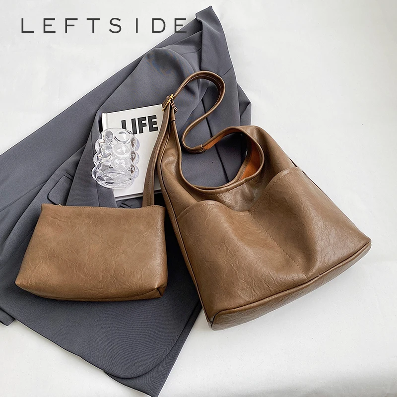 

LEFTSIDE 2 шт./комплект, простые однотонные сумки через плечо для женщин 2023, кожаные сумки и кошельки, женская дизайнерская сумка под подмышек