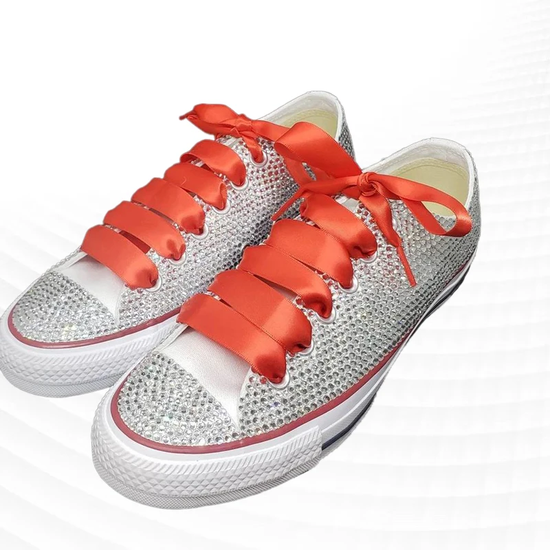 

Handmade custom white low-top rhinestone lace accessories canvas shoes integrated sports casual shoes Unisex shoes 35-46