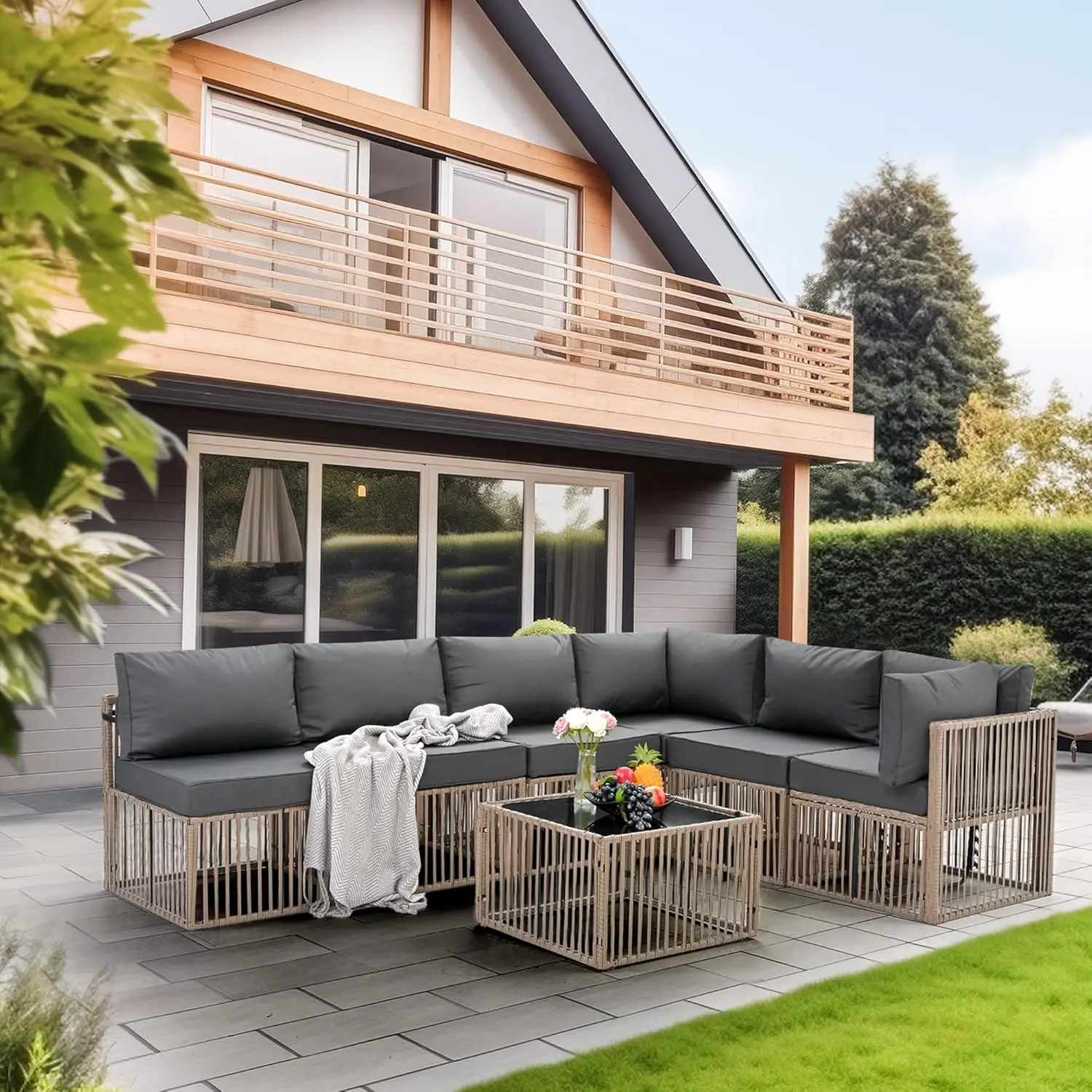 7 Pieces Outdoor Sectional Set, All-Weather PE Rattan Patio Conversation Set,Wicker Adjustable Patio Furniture Set with Washable 4