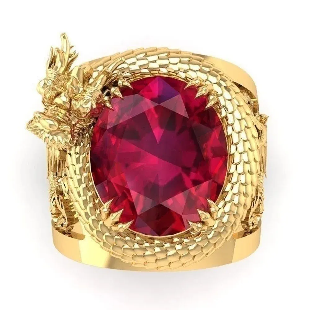 Finger Rings Huitan Gold Color Dragon Pattern Men Inlaid Big Oval Red Stone Noble Wedding Party Male Trendy Jewelry