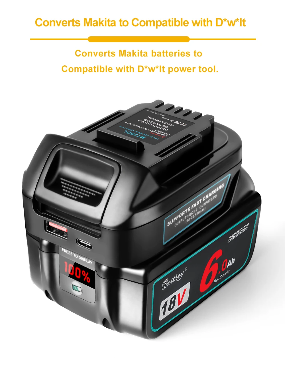 Battery Adapter for Makita 18V conversion to DEWALT 18V / 20V Batteries Power To