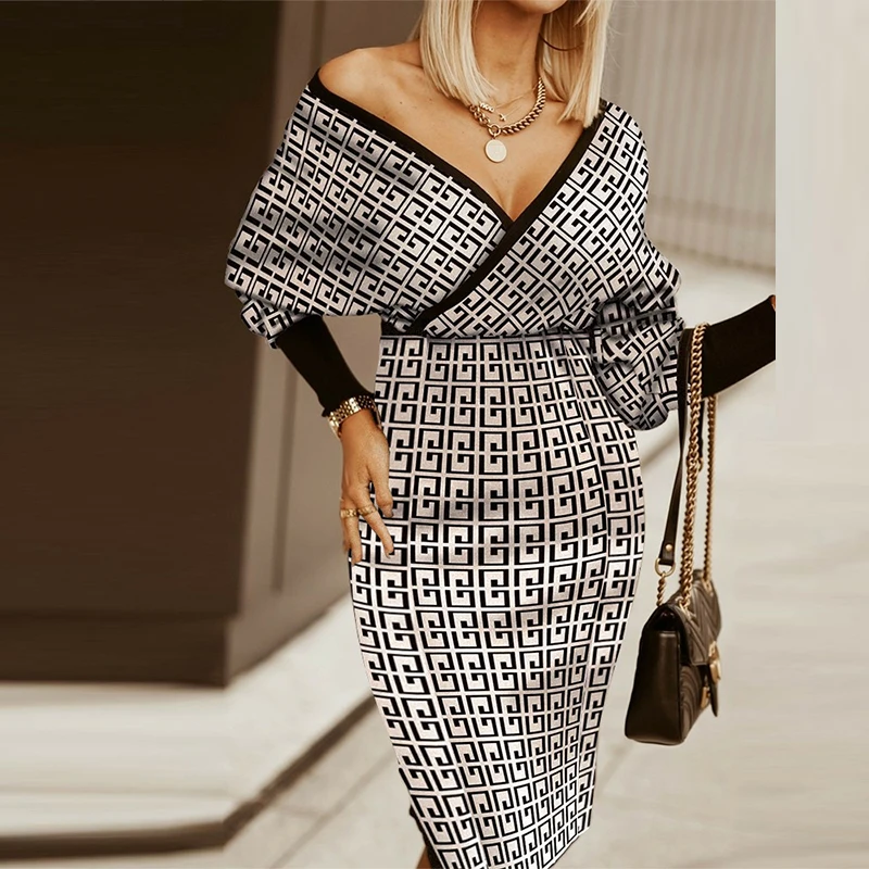 

Fashion Big V-Neck Off Shoulder Long Sleeve Women Dress Elegant Office Print Higt Waist Wrapped Hip Skirt Patchwork Slim Dress