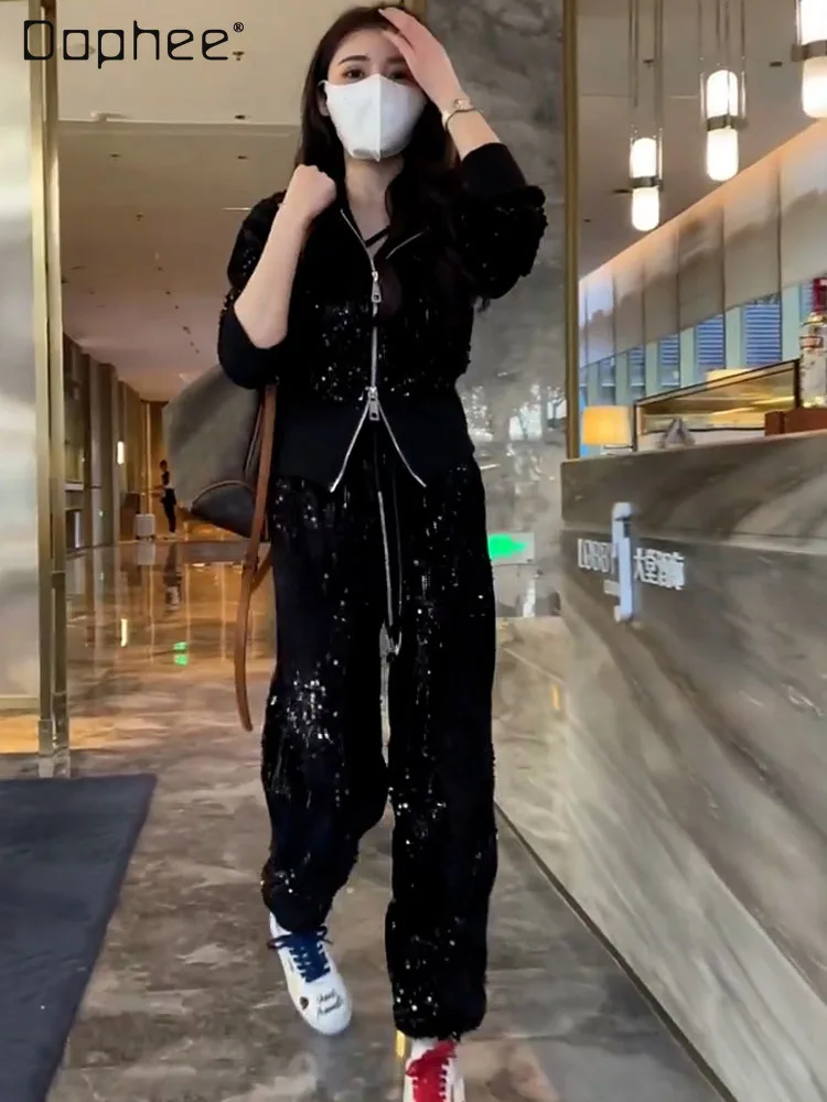 

Casual Suit Women 2023 Spring and Autumn Fashion Hooded All-Match Sequined Sweatshirt Jacket Skinny Pants Two-Piece Sets Female