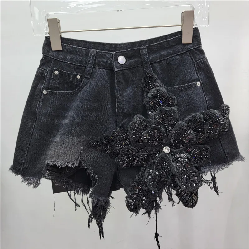 Denim Shorts Women's 2024 Summer New Korean Style Fashion Three-Dimensional Embroidered Ripped Burr Straight Wide Leg Jeans