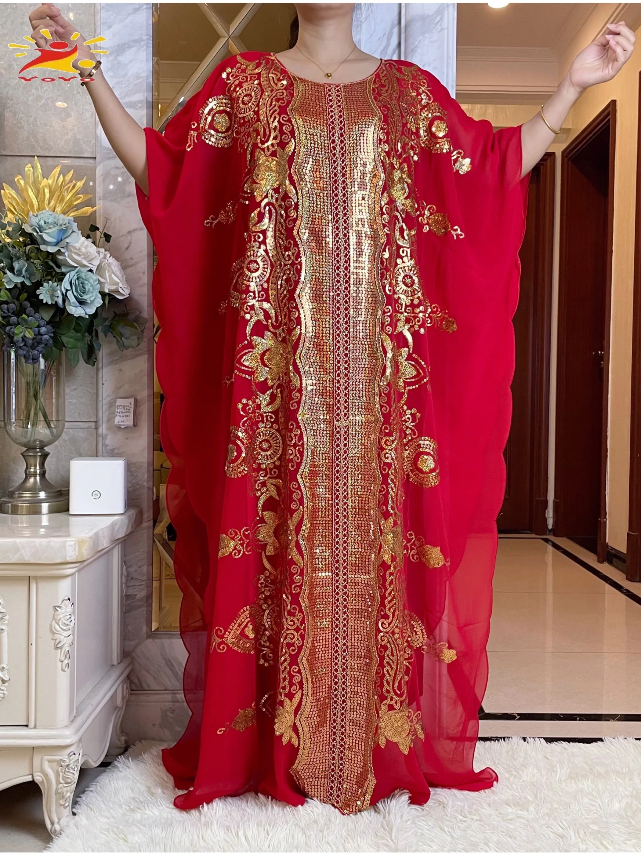 2023 New African Abaya Middle East Loose Large Size Chiffon Elegant Temperament Sequined Spring Traditional Ethnic Style Dress 4